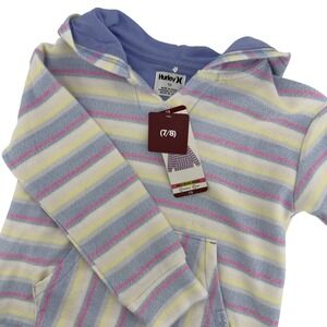 NEW Hurley Girls Beach Hoodie Striped Pullover Sweatshirt Blue Pink Yellow 7/8
